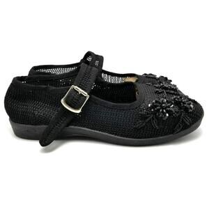 Girls Floral Beads Beaded Mary Jane Embellished Black Flat Shoes Size 4